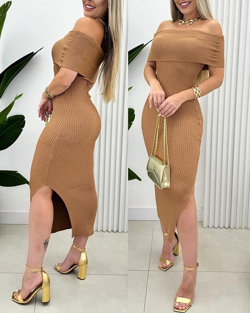 

Off Shoulder Side Slit Knit Bodycon Dress, Khaki