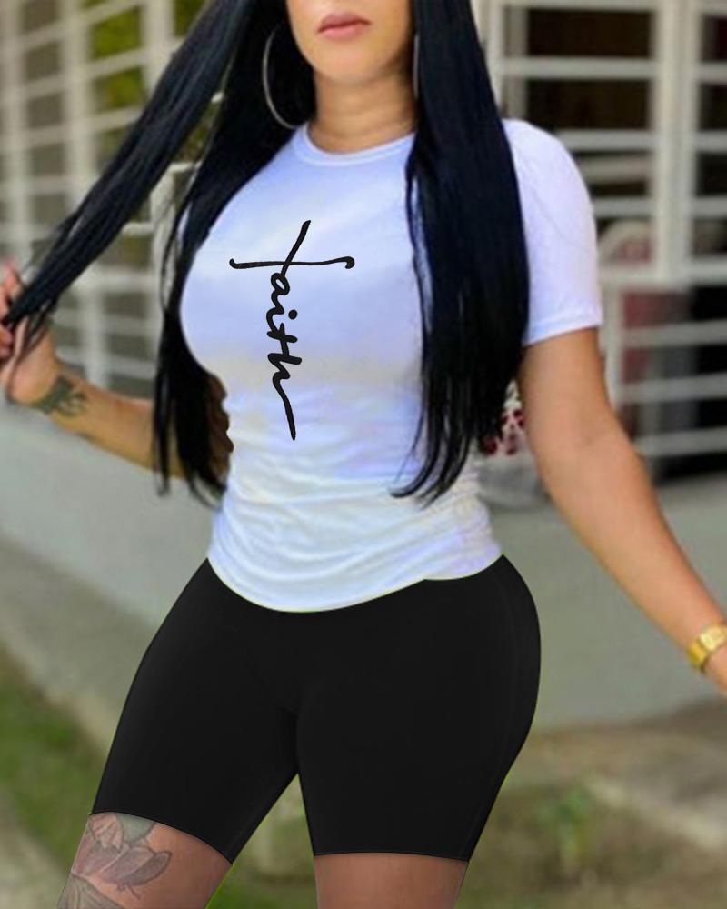 

Letter Print O-Neck Casual Top & Shorts Set, White