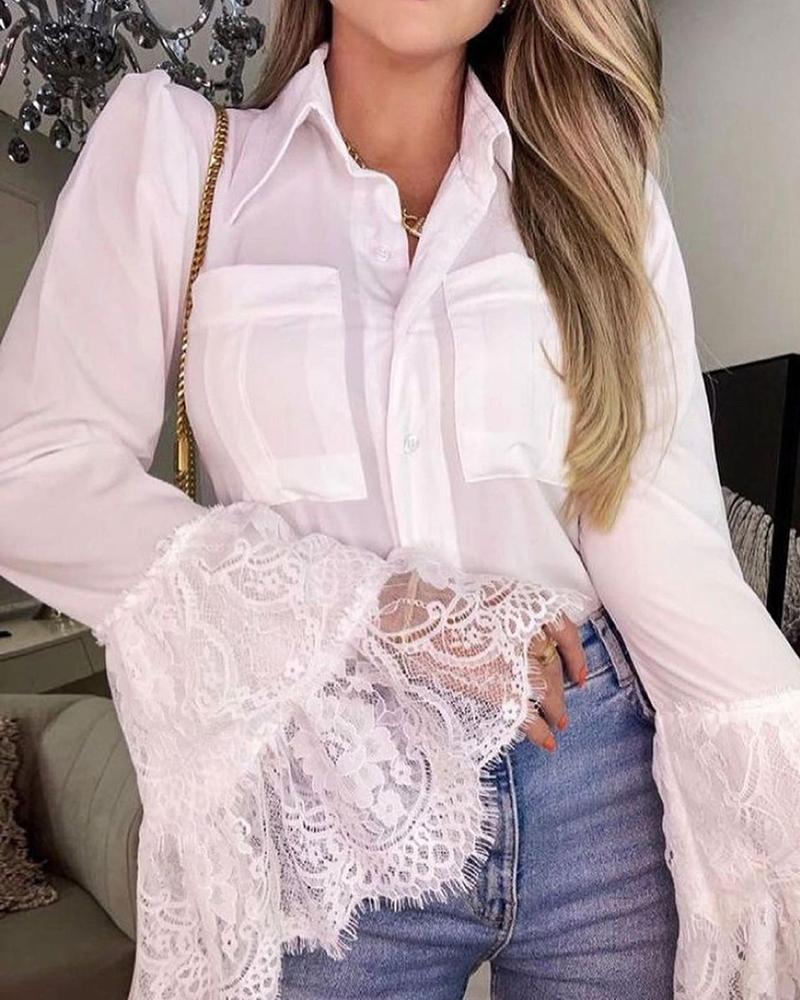 

Crochet Eyelash Lace Button Pocket Design Shirt, White
