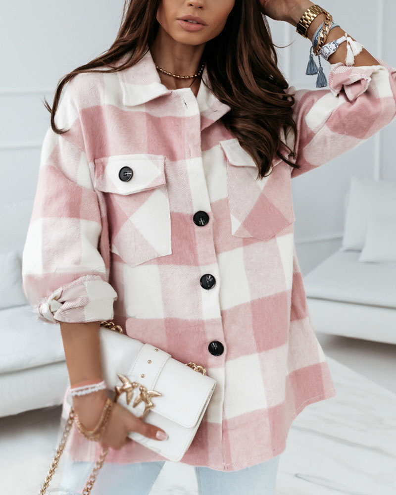 

Plaid Print Flap Detail Button Down Shacket, Pink