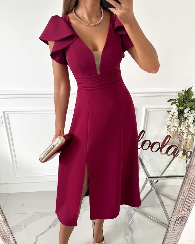 

Plunge Ruffle Sleeve Ruched Slit Party Dress, Light pink