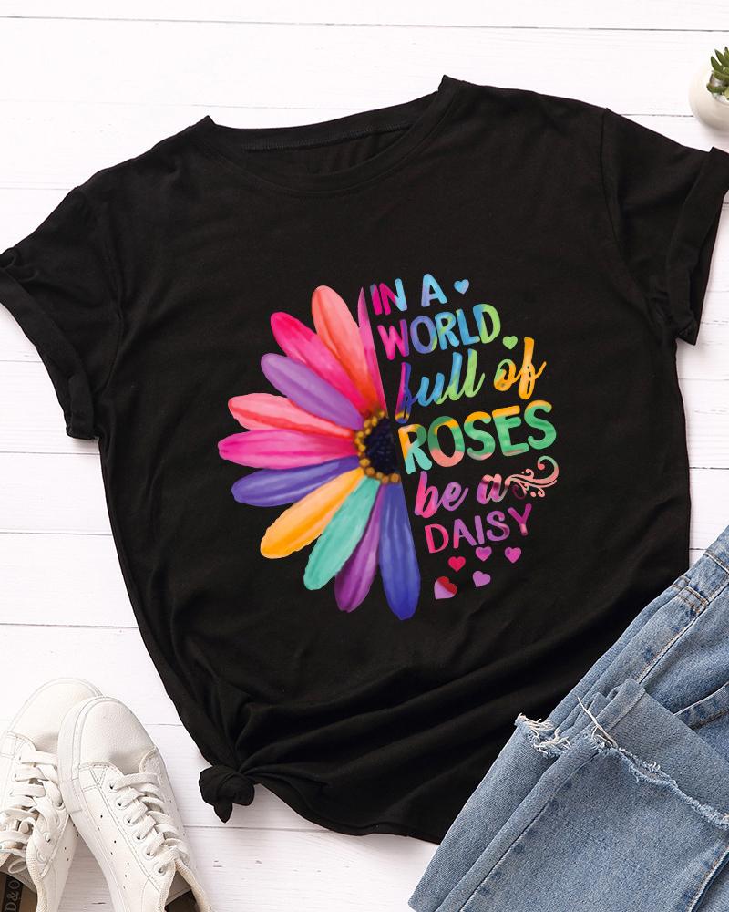 

Letter Sunflower Print Casual T-shirt, Black