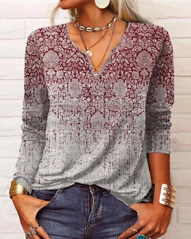

Tribal Print Long Sleeve Casual Top, Red