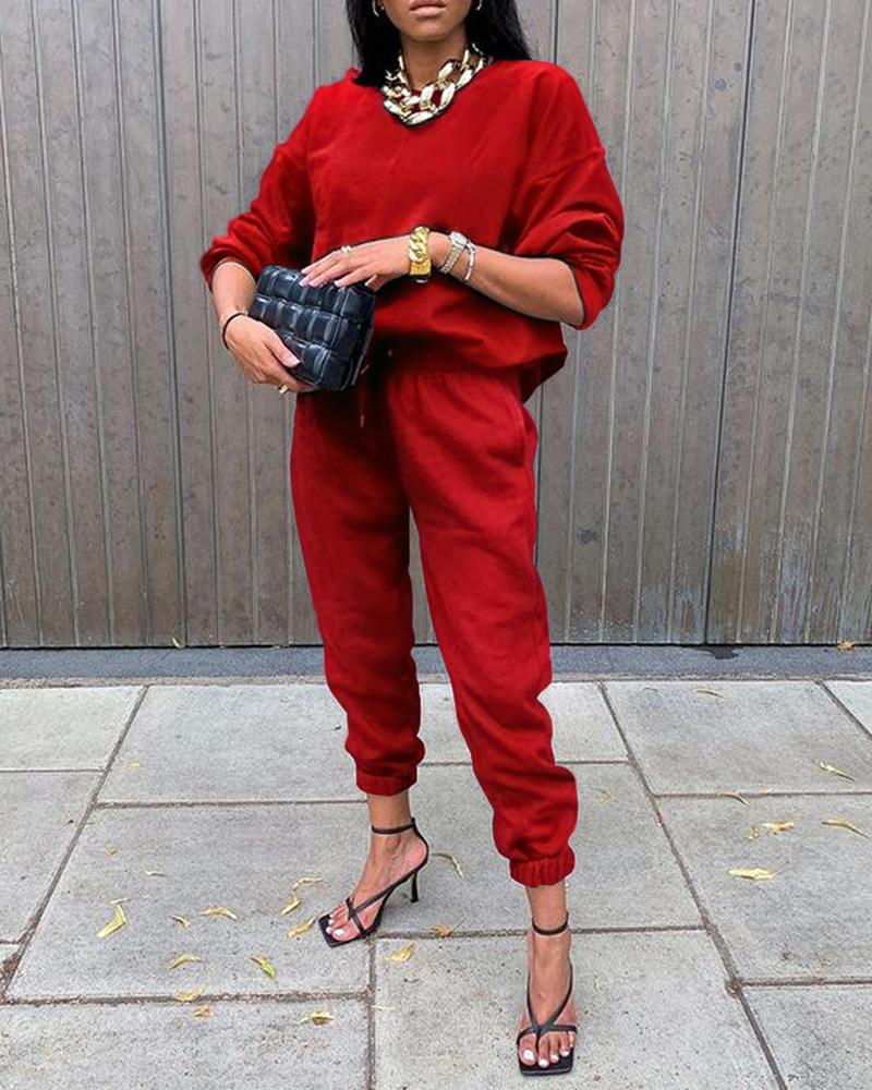 

O-Neck Long Sleeve Top & Pocket Design Pants Set, Red