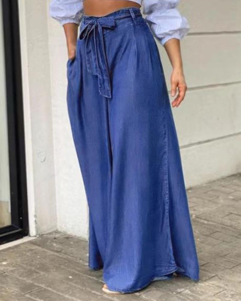 

Plain Tied Detail Wide Leg Pants, Blue