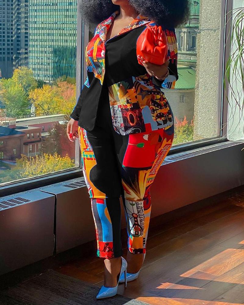 

Plus Size Graphic Print Long Sleeve Blazer Coat & Pants Set, Black