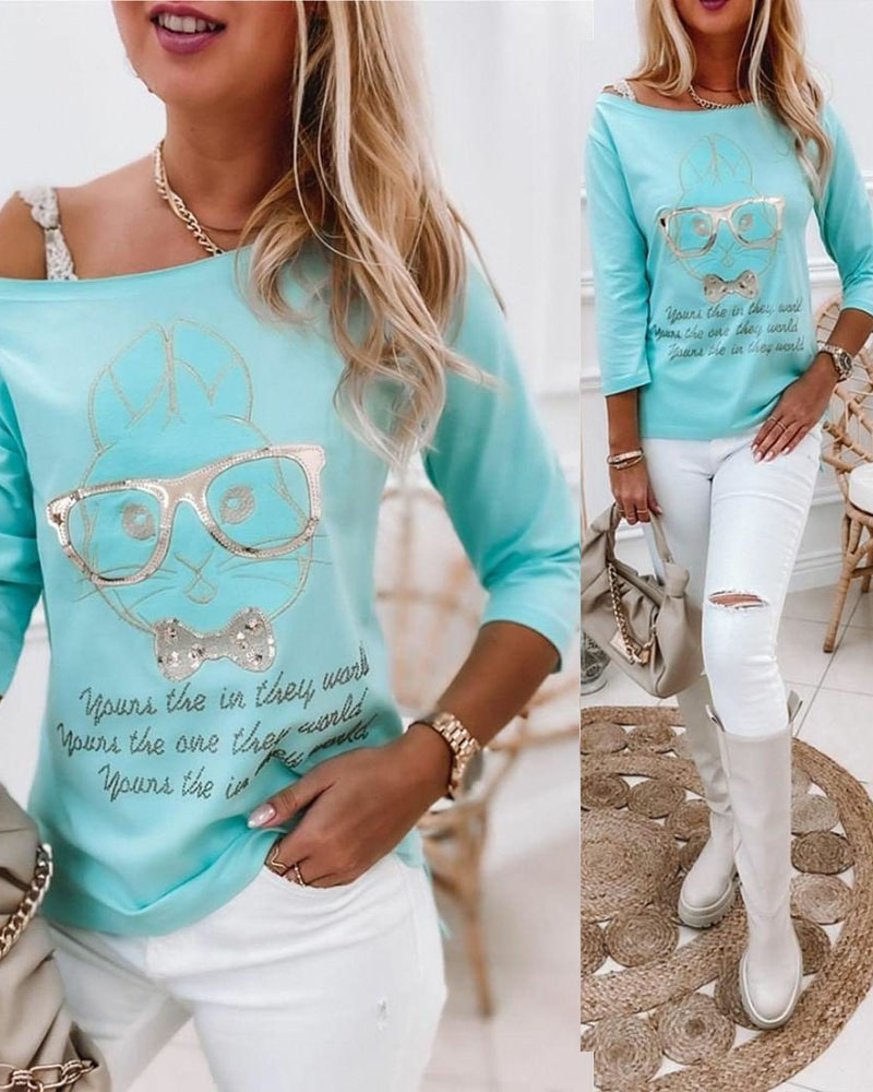 

Graphic Letter Print Long Sleeve Top, Blue