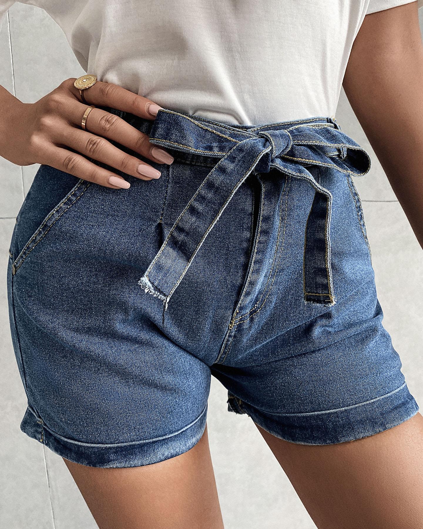 

Solid High Waist Denim Casual Shorts, Blue