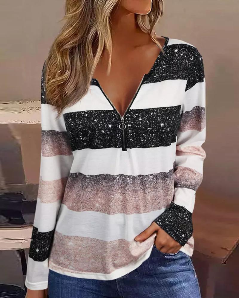 

Striped Print Zip Front Long Sleeve Top, White