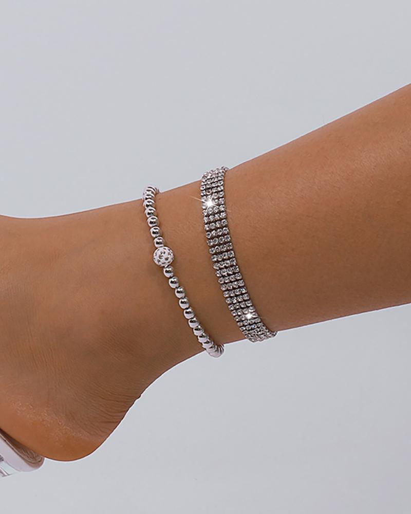 

2pcs Rhinestone Decor Beaded Anklet, Silver