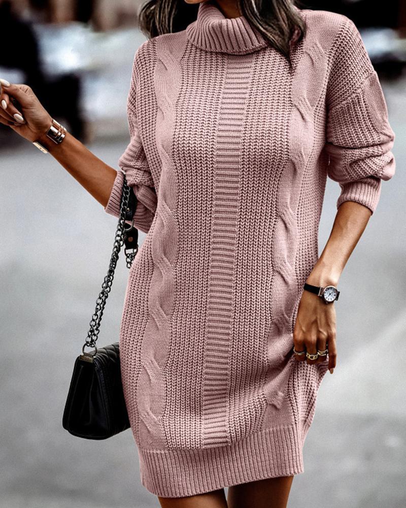 

High Neck Long Sleeve Casual Dress, Pink