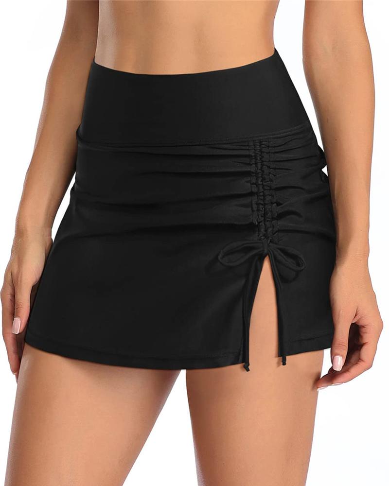 

High Waist Drawstring Slit Bikini Bottom Swim Skorts, Black