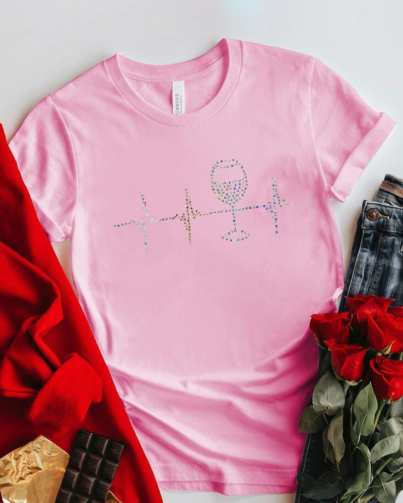

Valentine' Day O-Neck Rhinestone Wine Glass Pattern Print T-shirt, Pink
