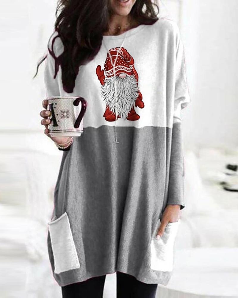 

Christmas Santa Print Pocket Design Casual Sweatshirt, Gray