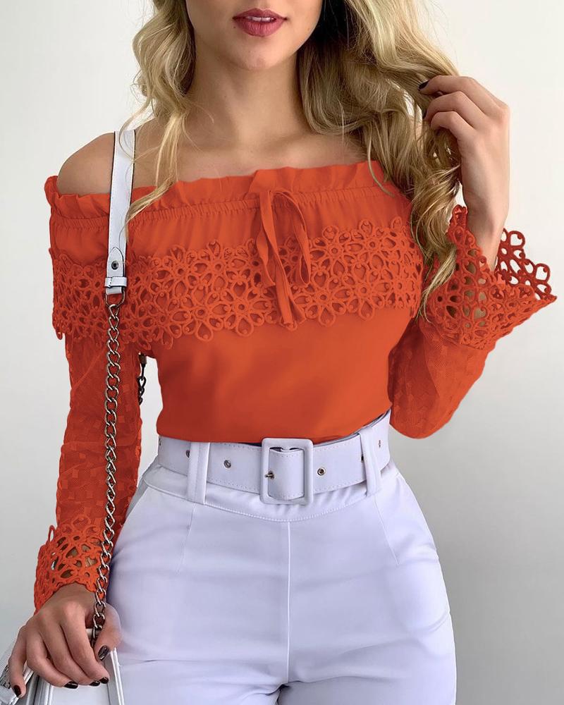 

Off Shoulder Guipure Lace Frill Hem Drawstring Top, Orange