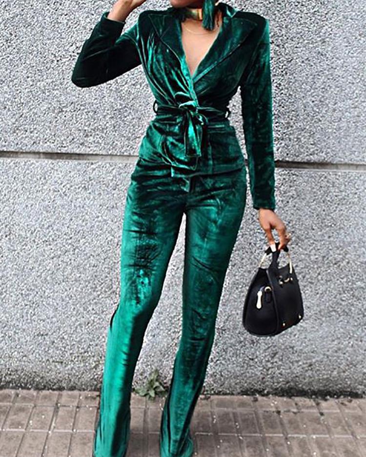 

Velvet Plunge Long Sleeve Top & Pants Set, Green