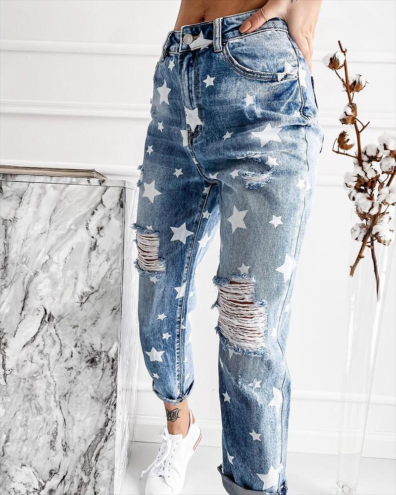 

Star Print Zipper Decor Ripped Jeans, Blue
