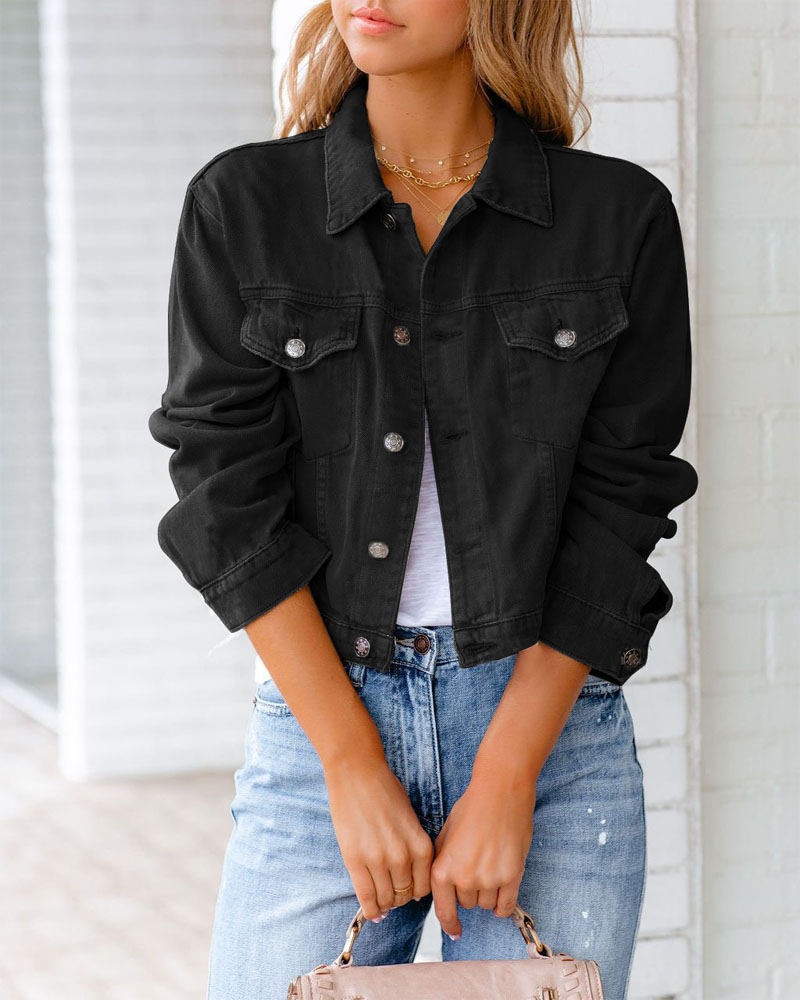 

Long Sleeve Flap Detail Button Front Denim Jacket, Black