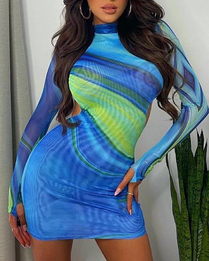 

Abstract Print Long Sleeve Backless Bodycon Dress, Blue