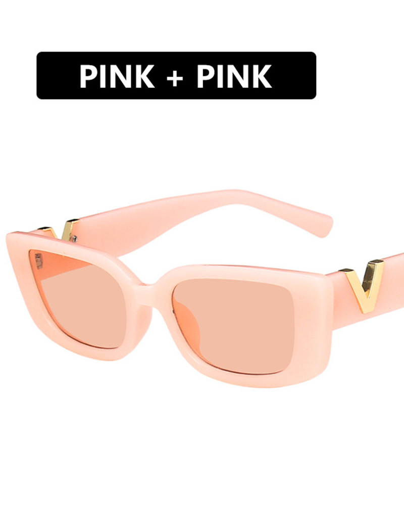 

1Pair Vintage V Detail Rectangle Frame Show Fashion Sunglasses, Pink