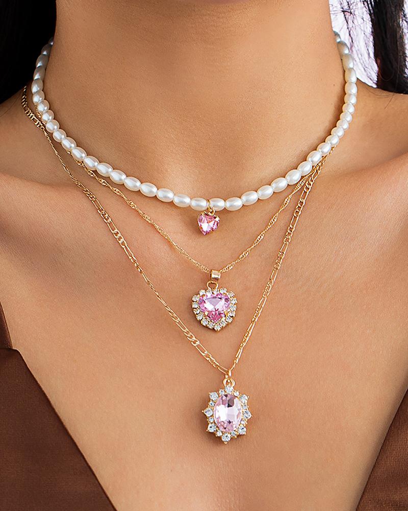 

3pcs Pearls Rhinestone Decor Pendant Necklace, Gold