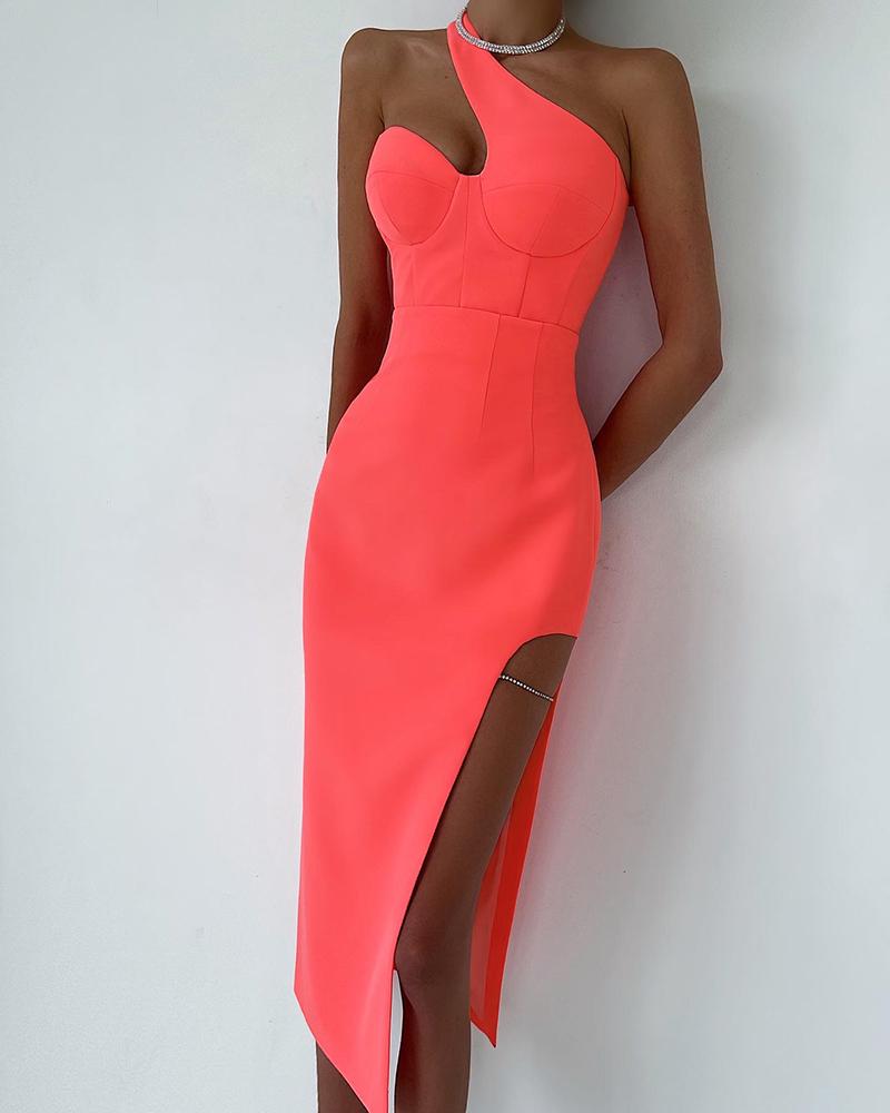 

Asymmetrical One Shoulder High Slit Party Dress, Pink