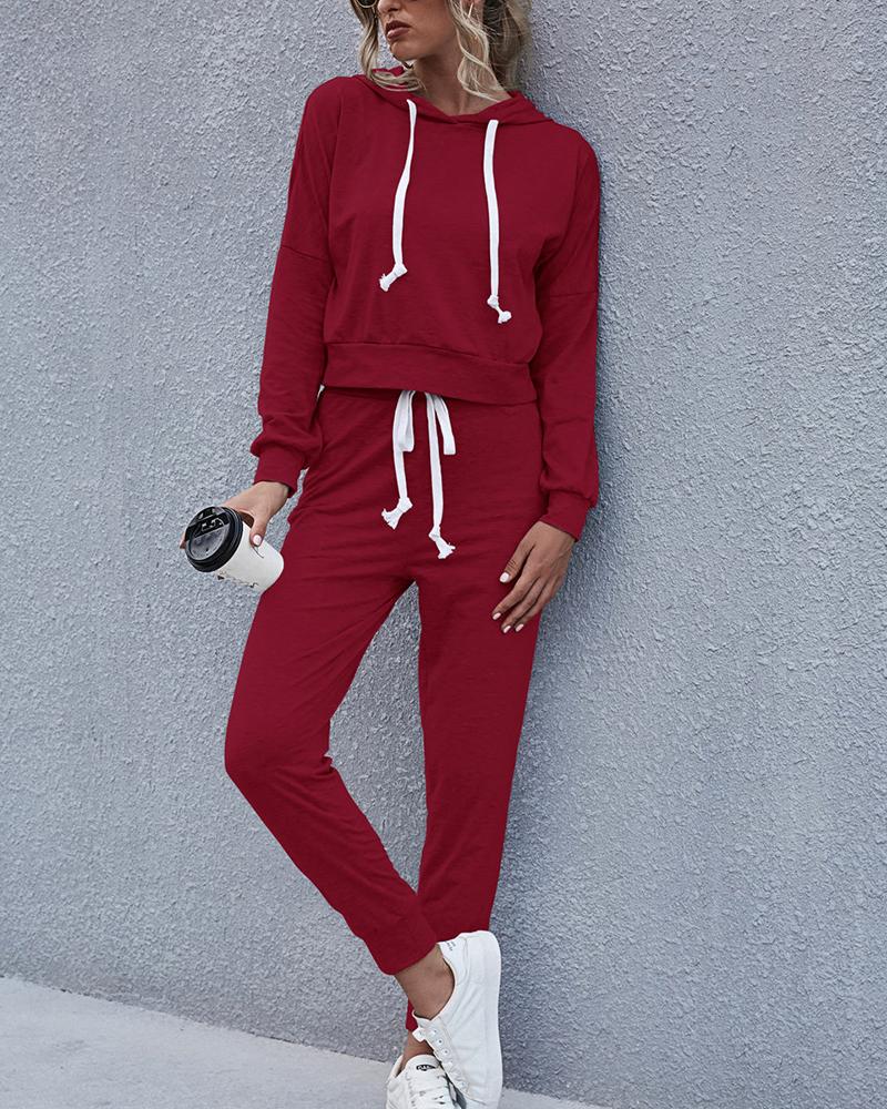

Solid Long Sleeve Loose Hoodies Sweatshirts Suit Sets, Wine red