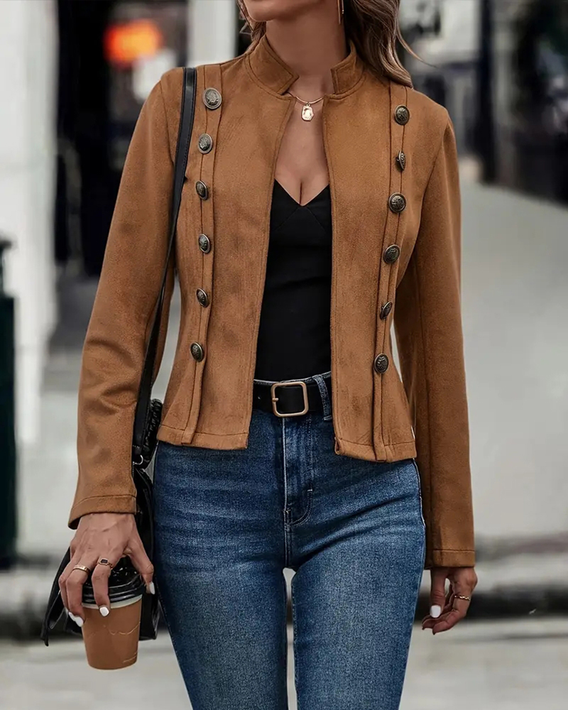 

Veste à col montant en imitation daim, manteau décontracté ouvert sur le devant avec boutons décoratifs, Brown