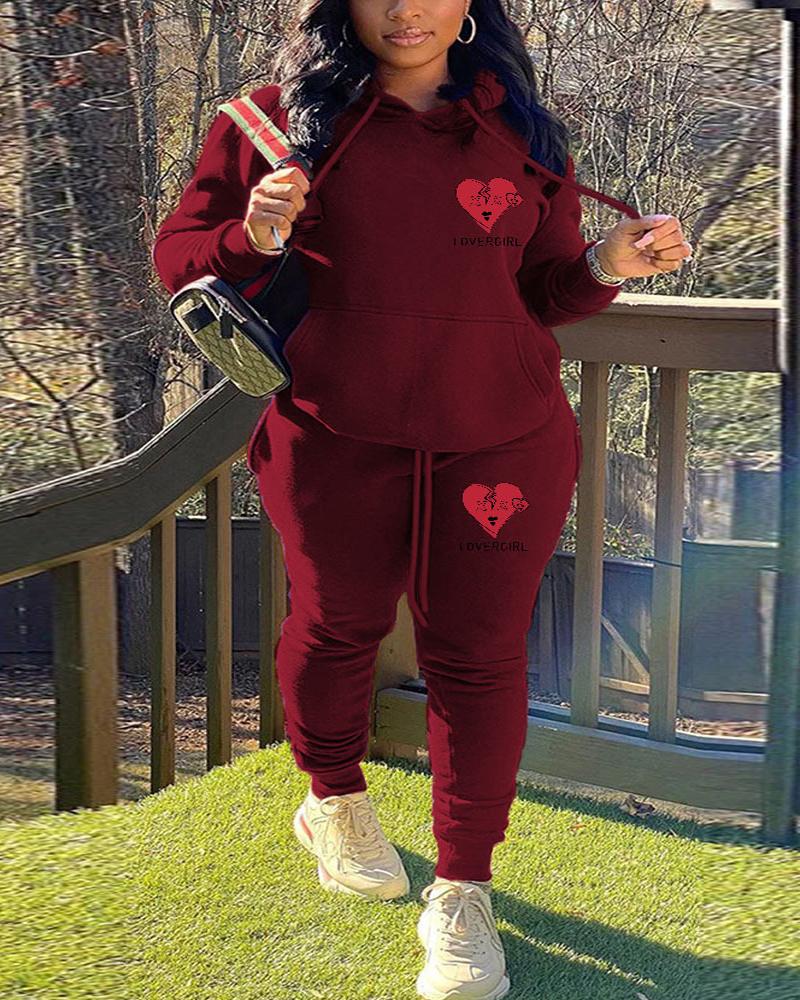 

Plus Size Heart Letter Print Casual Hoodie & Pants Set, Wine red