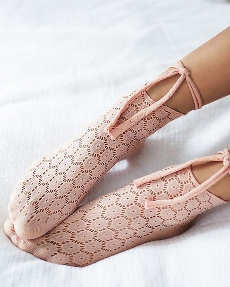 

Casual Solid Color Lace-up Socks, Pink