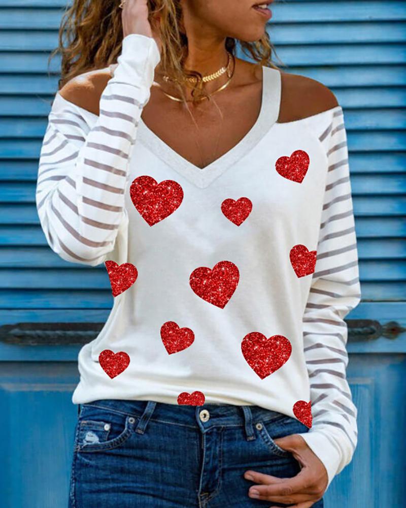 

Cold Shoulder Sheer Mesh Clover / Heart Print Top, Style4