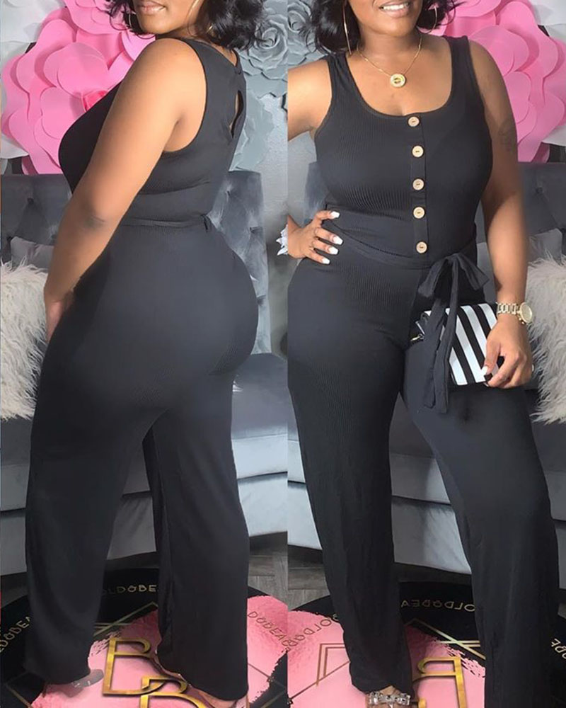

Button Design Thick Strap Wide Leg Jumpsuit With Belt, Black