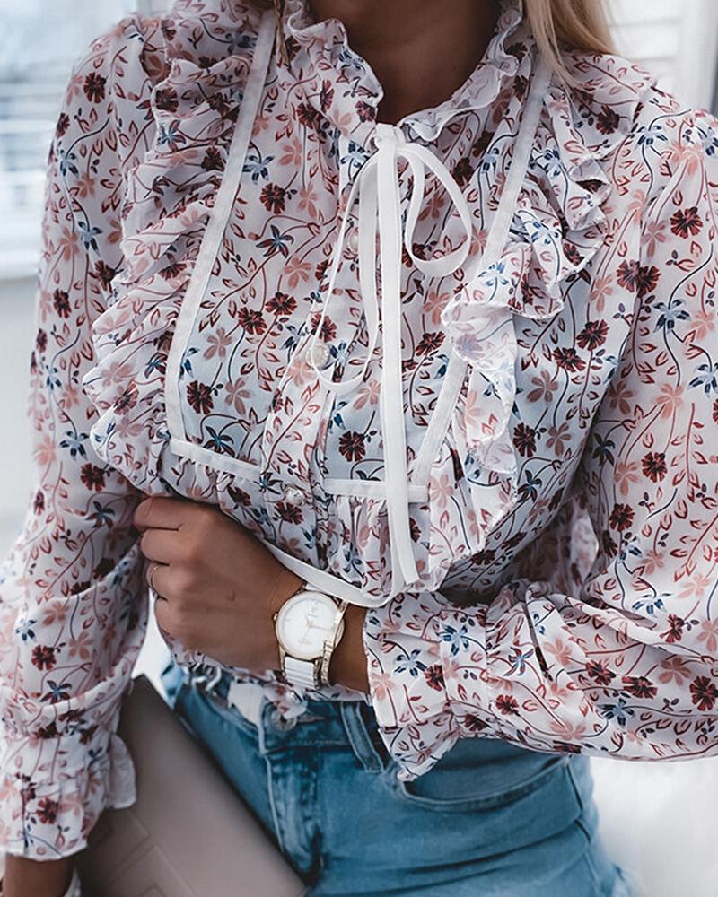 

Ruffles Floral Print Long Sleeve Top, Multicolor
