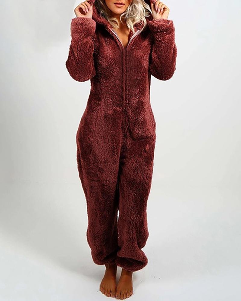 

Long Sleeve Zipper Front Hooded Fluffy Onesie, Wine red