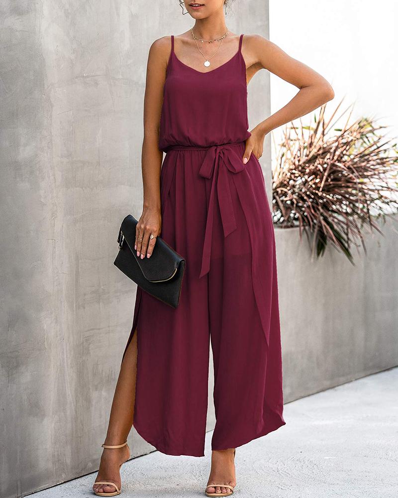 

Spaghetti Strap Slit Wide Leg Tied Detail Jumpsuit, Wine red