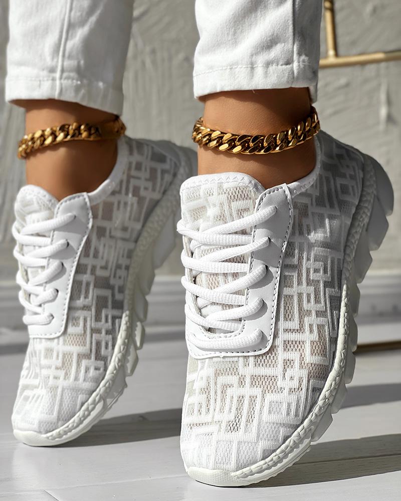 

Geometric Pattern Breathable Lace Up Sneakers, White