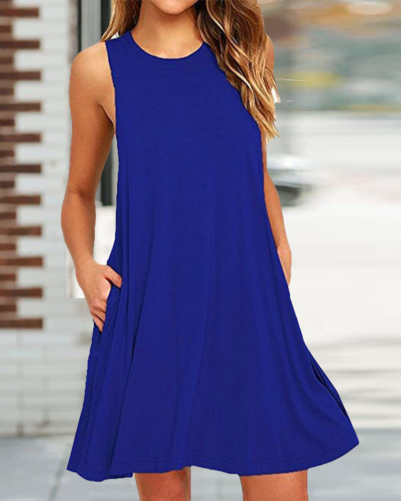 

Pocket Detail Casual Tank Dress, Blue