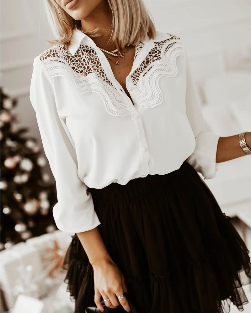 

Guipure Lace Patch Buttoned Shirt, White