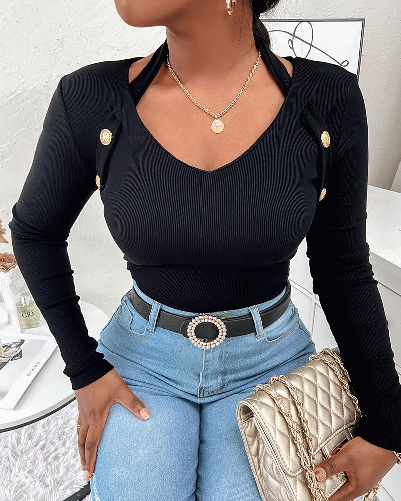 

Button Decor Halter Long Sleeve Ribbed Top, Black