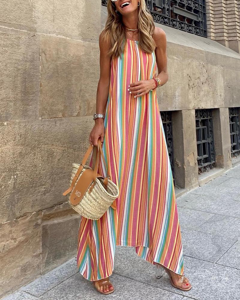

Colorblock Striped Print Sleeveless Maxi Dress, Multicolor