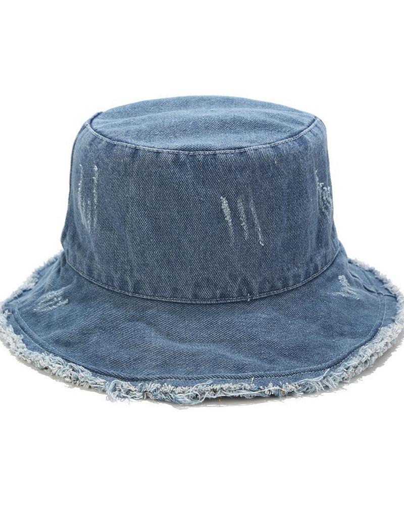 

Solid Color Washing Burrs Ripped Denim Fisherman's Hat, Blue