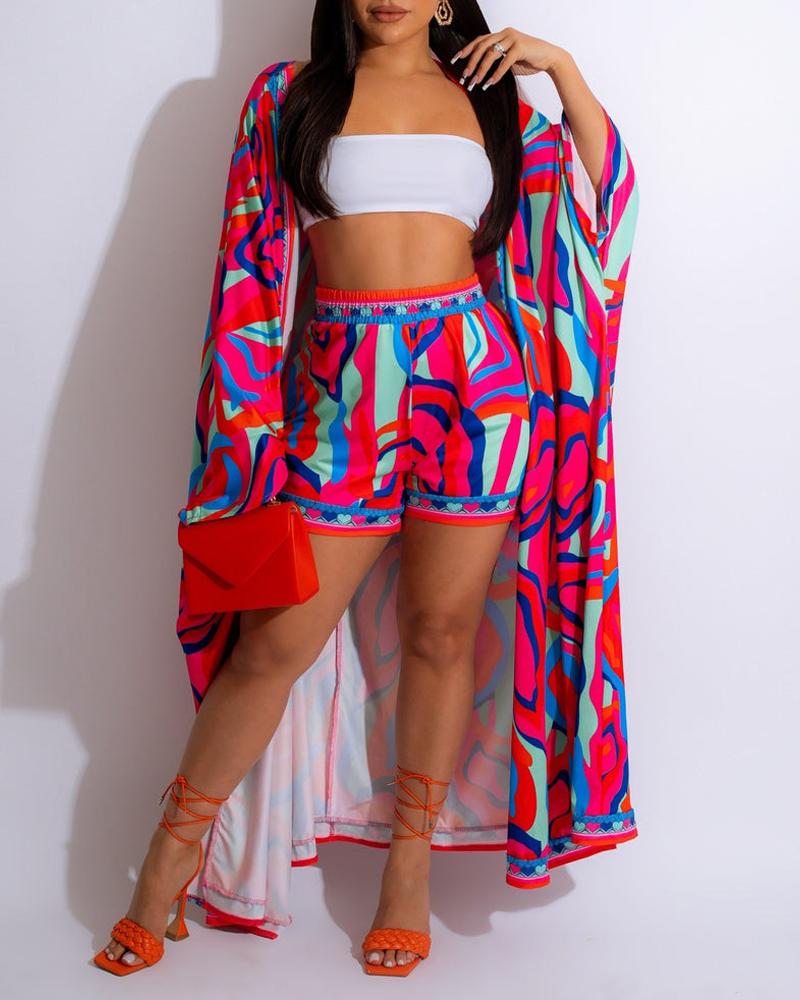 

Abstract Print Open Front Longline Top & Shorts Set, Multicolor