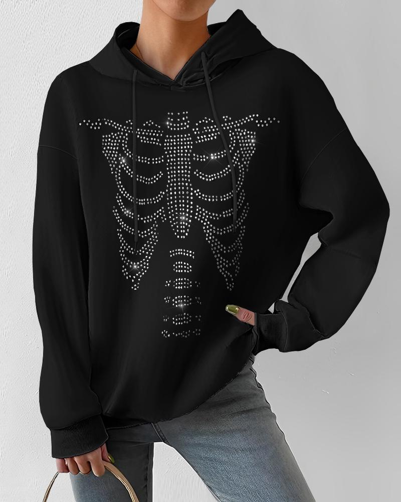

Halloween Rhinestone Skeleton Pattern Drawstring Hoodie, Black