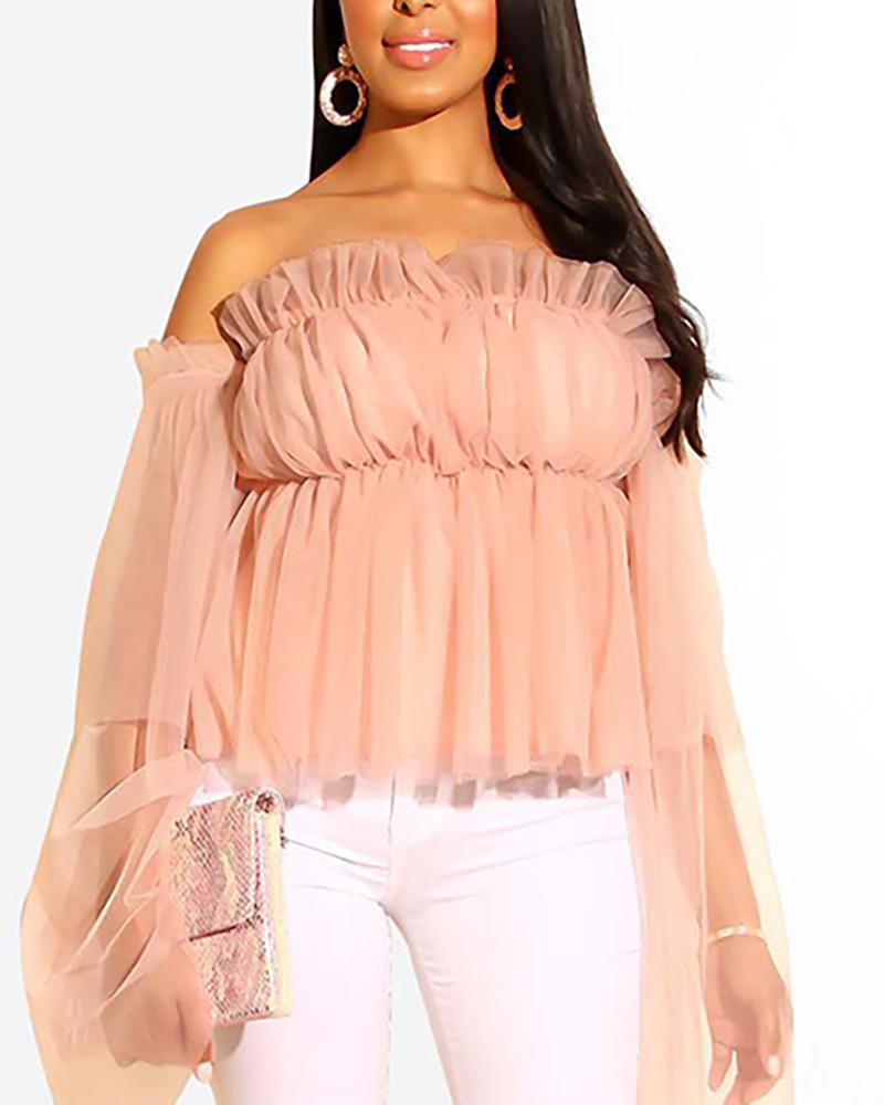 

Frill Trim Off Shoulder Bell Sleeve Mesh Blouse, Pink