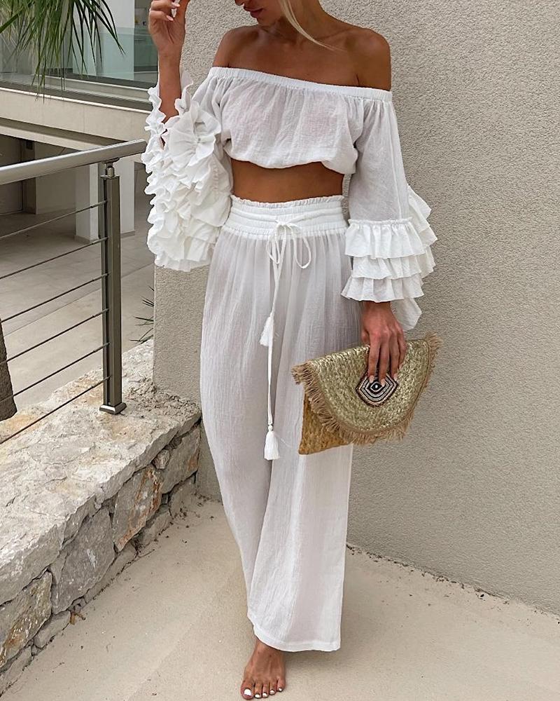 

Off Shoulder Ruffles Crop Top & Shirred Pants Set, White