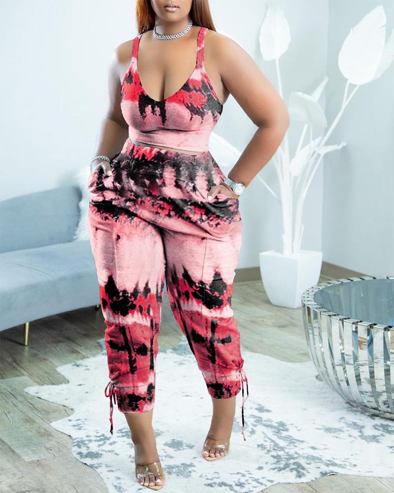 

Tie Dye Print Crop Top & Pocket Design Pants Set, Red
