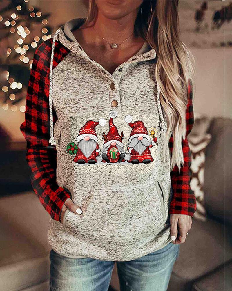 

Christmas Print Button Front Drawstring Hoodie, Style2