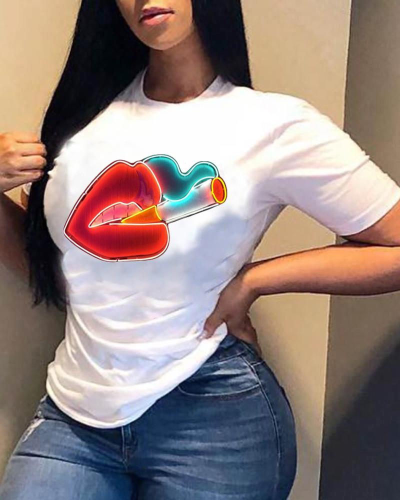 

Lips Print Short Sleeve Loose T-shirts, Style3