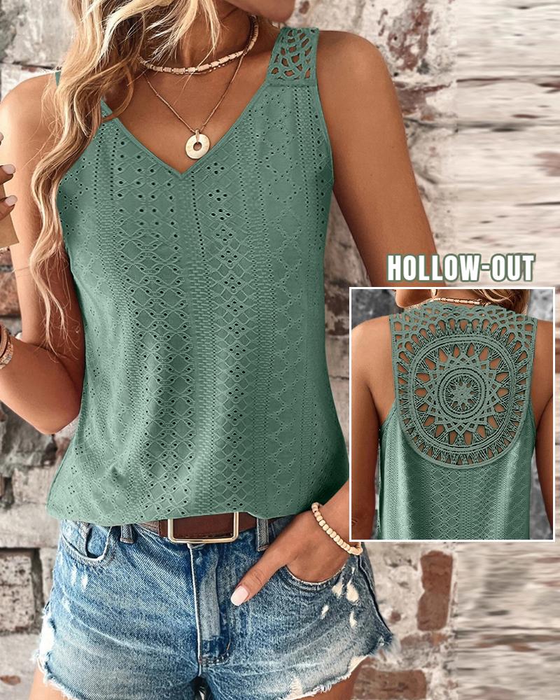 

Eyelet Embroidery Hollow Out Tank Top, Green