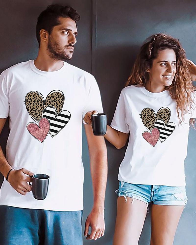

Valentine' Day Unisex Heart Cheetah Striped Print T-shirt, White